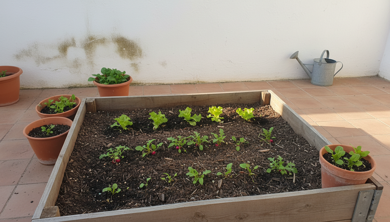 Huerto casero español de finales de primavera con bancal de hortalizas rápidas en macetas de barro junto a muro encalado