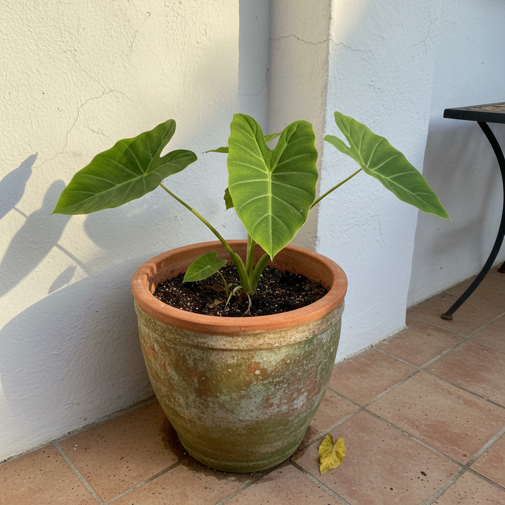 Planta joven de malanga en maceta de barro mostrando grandes hojas verdes en forma de flecha.