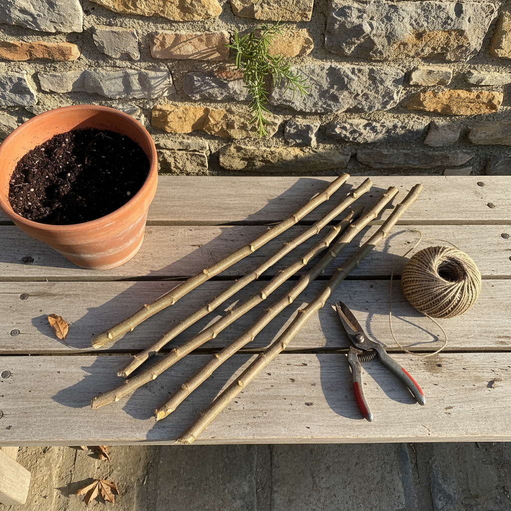 Esquejes de mandioca cortados sobre tabla de madera junto a un trozo de tallo leñoso.