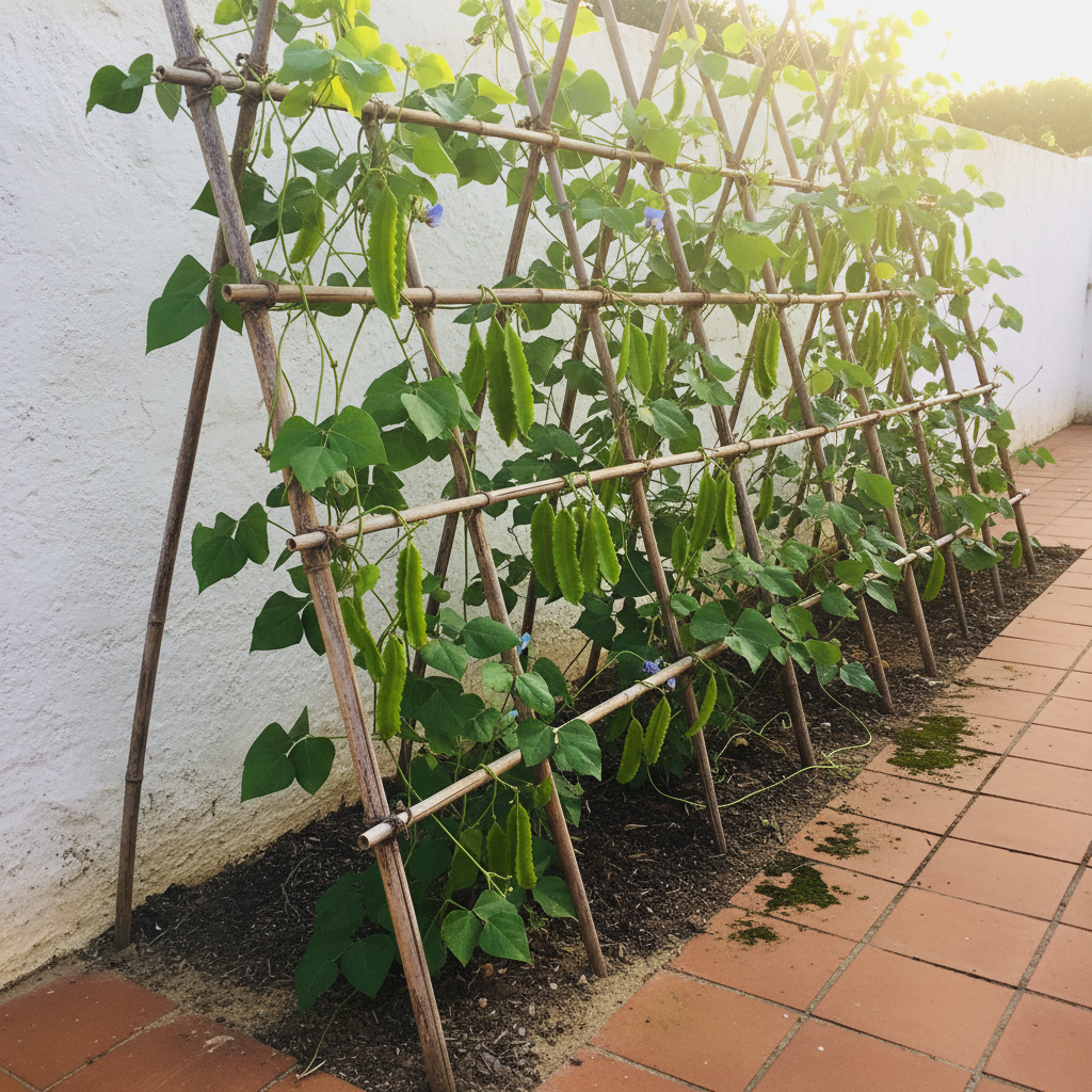 Vainas verdes de judía alada con sus cuatro alas onduladas colgando de un entutorado de cañas.