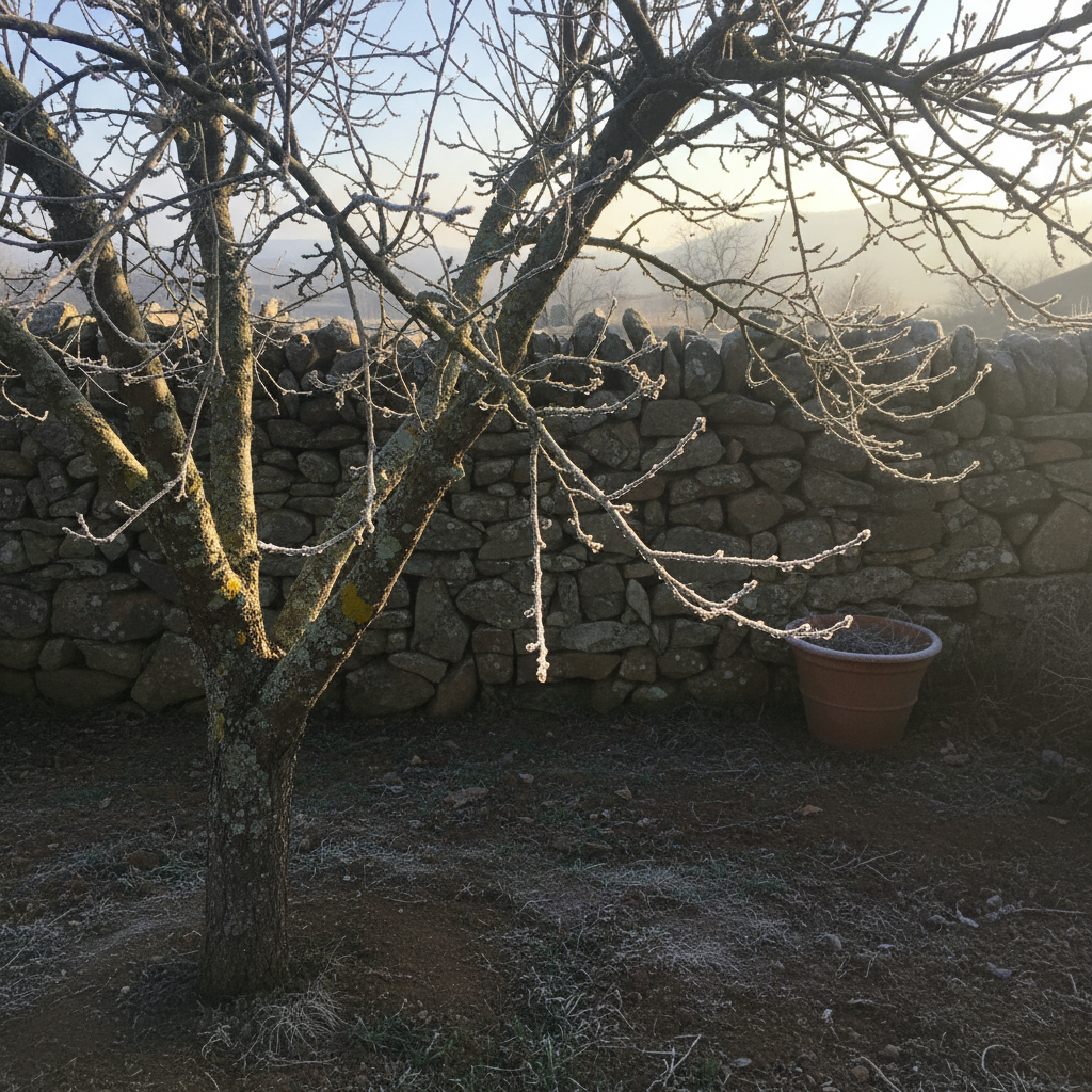 Ramas desnudas de manzano cubiertas de escarcha invernal en un jardín del interior peninsular
