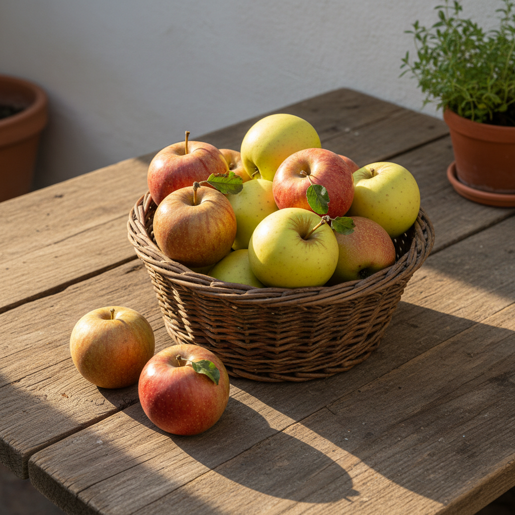 Cesto de mimbre con manzanas reineta y golden delicious recién cosechadas sobre una mesa rústica