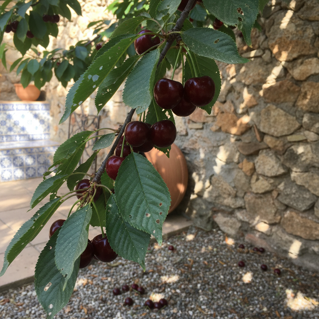 Rama de cerezo burlat con cerezas rojas maduras sobre un muro de piedra de un patio interior