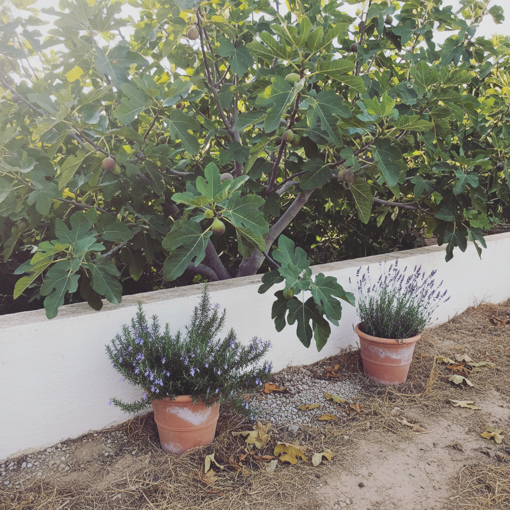Higuera adulta junto a un muro encalado con brevas verdes maduras colgando de las ramas
