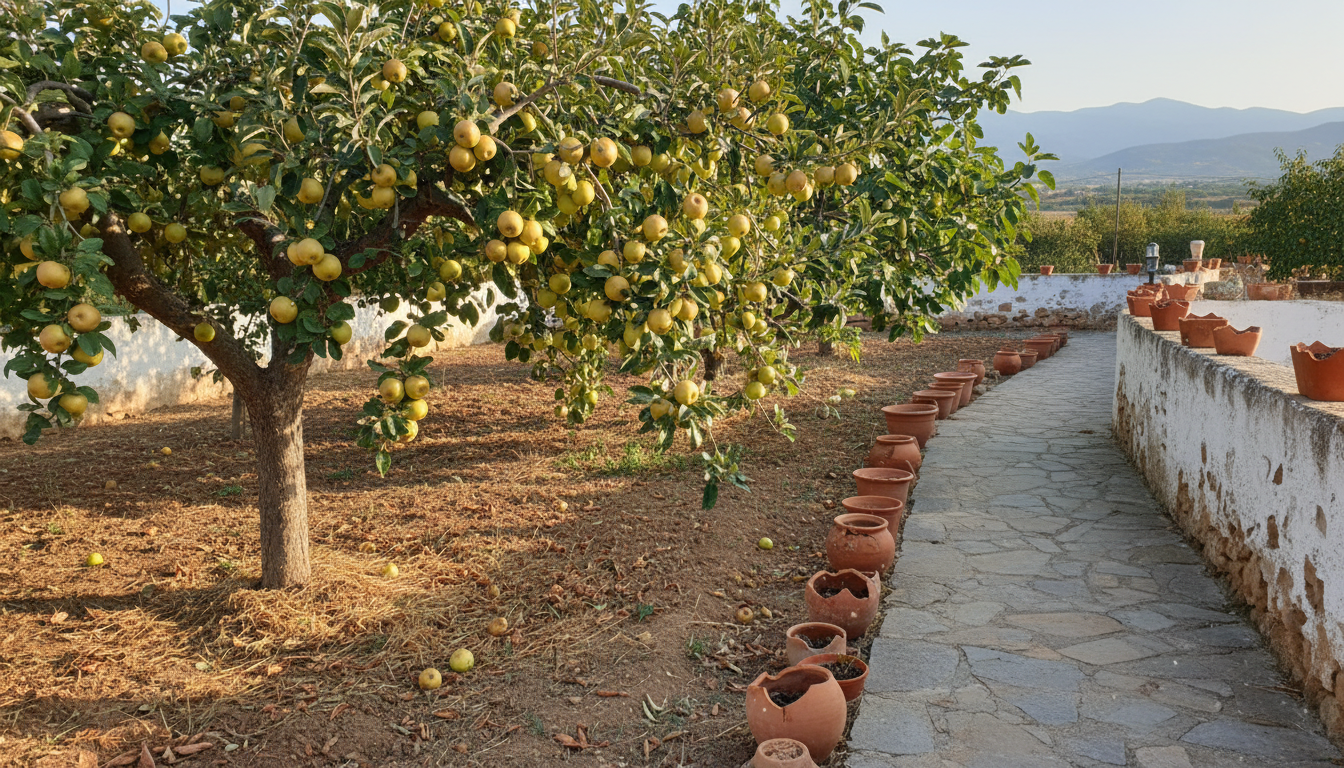 Huerto familiar de frutales en el interior peninsular, con manzano cargado en primer plano y muro encalado al fondo