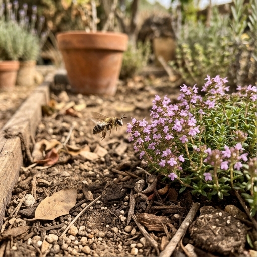 Abeja solitaria acercándose a una flor de tomillo en un huerto familiar con suelo de grava y macetas de terracota