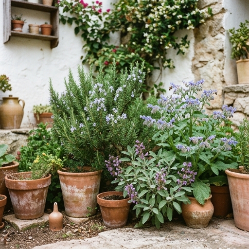 Rincón de jardín español con romero, salvia y borraja en flor bajo luz mediterránea de verano