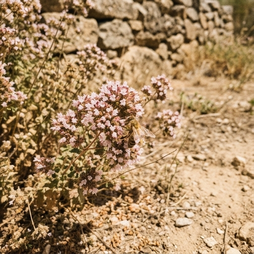 Abeja sobre flor de orégano silvestre en jardín mediterráneo con suelo seco y pared de piedra