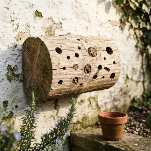 Bloque de madera con agujeros como nidal para abejas solitarias fijado a una pared soleada de jardín español
