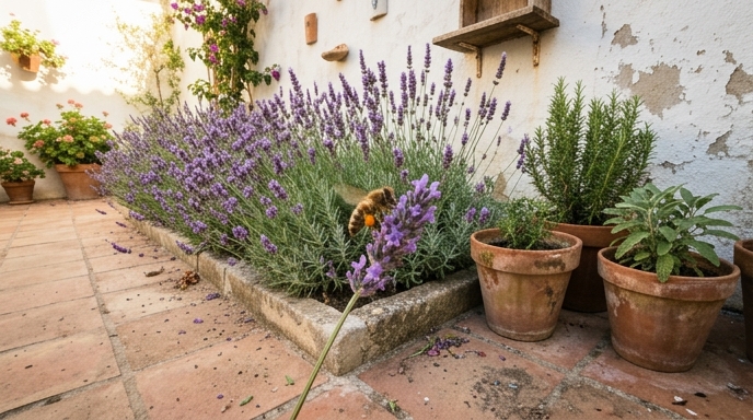 Abeja melífera sobre flores de lavanda en un jardín mediterráneo con macetas de barro y pared encalada al fondo