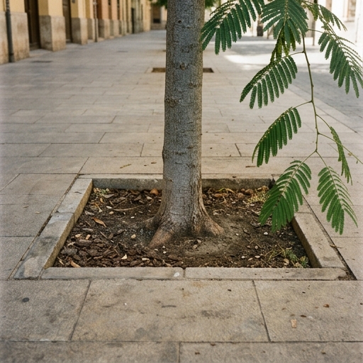 Base del tronco de un árbol de seda en alcorque de acera con pavimento de piedra intacto alrededor