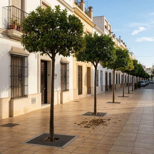 Acera española con varios árboles de porte moderado alineados junto a fachadas encaladas