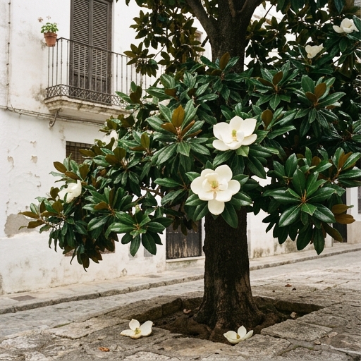 Magnolia grandiflora en flor junto a una acera con grandes flores blancas sobre follaje perenne oscuro