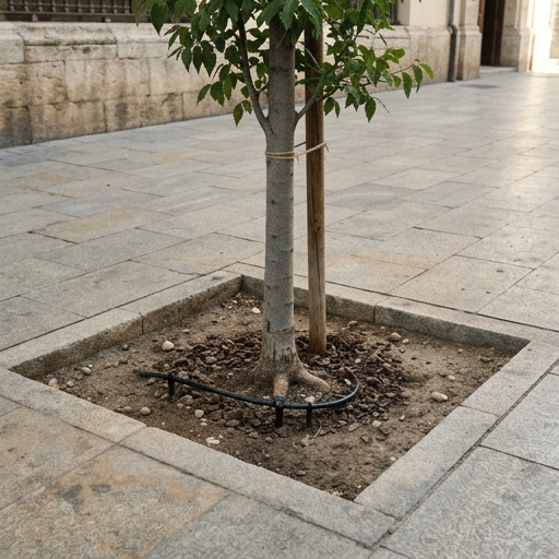 Plantación de árbol joven en alcorque de acera urbana con suelo abierto y borde de piedra bien definido