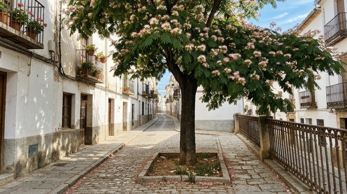 Árbol de seda Albizia julibrissin en flor sobre una acera española de piedra con alcorque visible