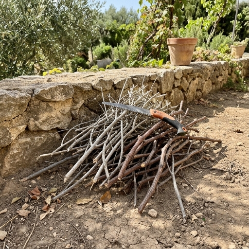 Montón de ramas de poda de olivo y vid secas junto a pared de piedra en huerto casero español
