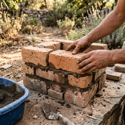 Manos colocando ladrillo refractario sobre estructura de cocina cohete en construcción en jardín