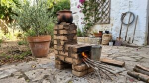 Cocina cohete de ladrillos en jardín rústico español con olla de barro encima y ramas finas de olivo a un lado