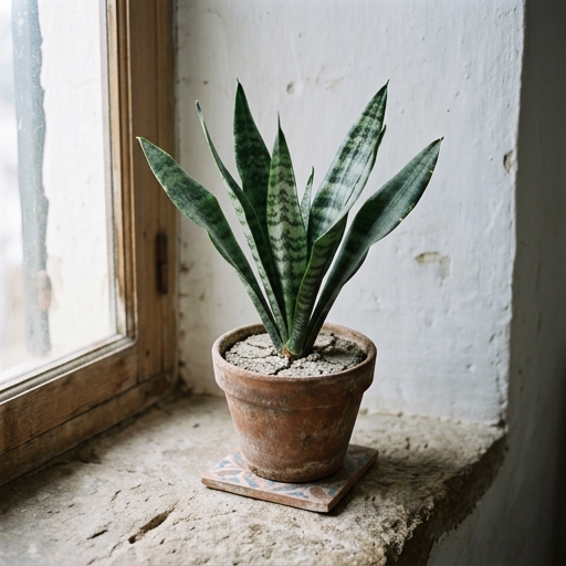Sansevieria en maceta de barro con sustrato seco en alféizar luminoso, sin riego invernal