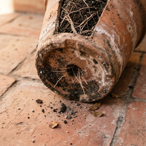 Maceta de barro con sansevieria ligeramente prieta, raíces asomando por el orificio de drenaje inferior