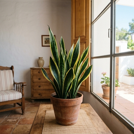 Sansevieria colocada a un metro de ventana orientada al sur en salón español con luz indirecta brillante