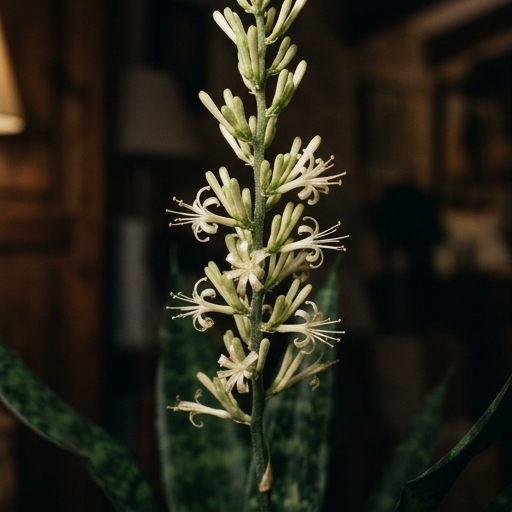 Espiga floral de sansevieria con flores tubulares blanco cremosas abiertas en racimos, detalle nocturno