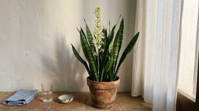 Sansevieria en maceta de barro junto a ventana soleada de interior mediterráneo con espiga floral blanca emergiendo
