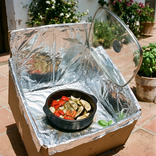 Olla negra de barro con verduras asadas —pimientos y berenjenas— dentro de un horno solar de cartón en plena cocción al sol