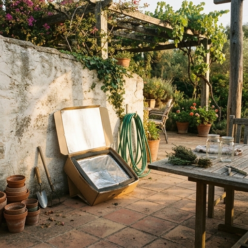 Horno solar de cartón guardado en seco bajo una pérgola de jardín entre usos, mostrando su durabilidad y fácil almacenamiento