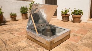 Horno solar casero de cartón forrado con papel de aluminio colocado en una terraza soleada con olla negra en su interior