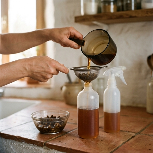 Mano vertiendo infusión de clavos colada en un pulverizador de plástico sobre la encimera de la cocina