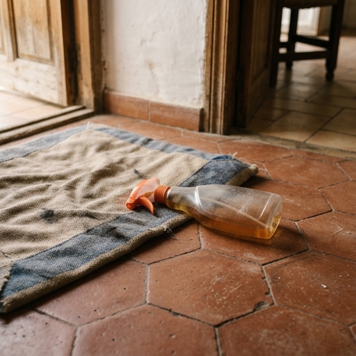 Pulverizador con insecticida de clavos aplicado sobre alfombra de mascota en suelo de baldosas de interior español