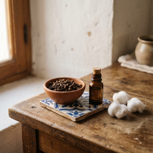 Clavos de olor secos en un cuenco de barro junto a un frasco de aceite esencial de clavo sobre estante de cocina