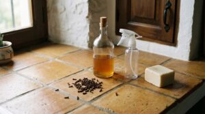 Clavos de olor, botella de vinagre de sidra y pulverizador sobre encimera de cocina mediterránea con azulejos de terracota