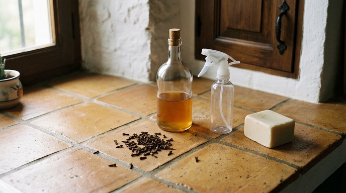 Clavos de olor, botella de vinagre de sidra y pulverizador sobre encimera de cocina mediterránea con azulejos de terracota