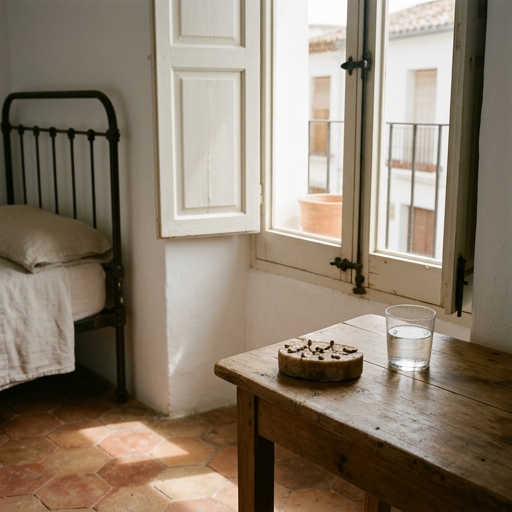 Barra de jabón con clavos colocada en una mesilla de noche junto a una ventana entreabierta de interior español