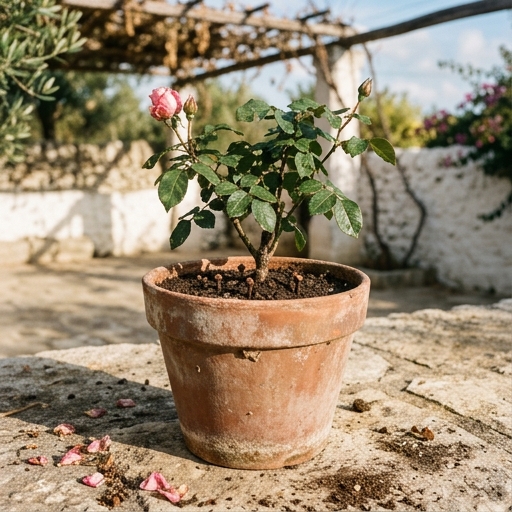 Maceta de barro con clavos de olor insertados en la tierra junto a una planta de rosales en una terraza española