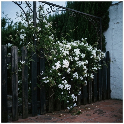 Jazmín común trepando sobre pérgola de hierro forjado en patio español, flores blancas visibles al atardecer