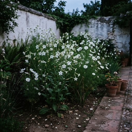 Nicotiana alata y cosmos blanco en bancal de jardín mediterráneo bajo luz crepuscular