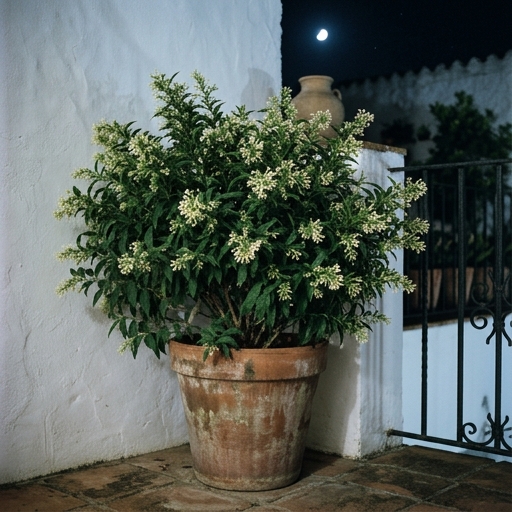 Dama de noche en macetón de terracota en terraza española, flores blanco-crema abiertas de noche