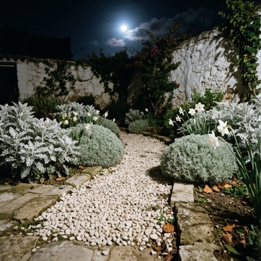 Bancal de jardín nocturno con cineraria plateada, artemisia y bulbos blancos junto a camino de grava clara