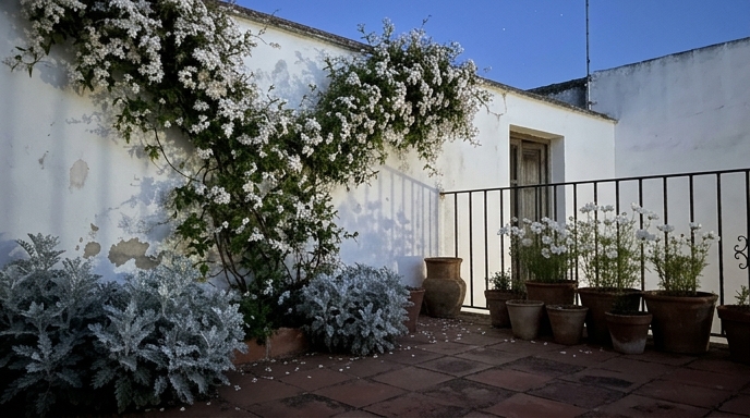 Patio mediterráneo de noche con flores de jazmín blancas y follaje plateado de cineraria bajo luz de luna
