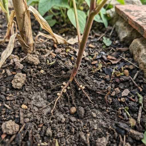 Raíces y base de planta de judía verde en suelo de huerto casero mostrando nódulos de Rhizobium en raíces