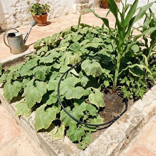 Bancal de milpa en huerto mediterráneo con riego por goteo instalado bajo hojas de calabaza en verano