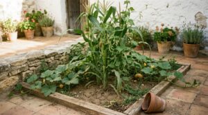 Bancal de huerto casero con maíz, frijol trepador y calabaza creciendo juntos bajo sol mediterráneo