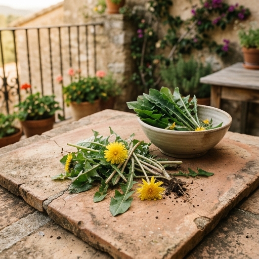 Hojas frescas y flores amarillas de diente de león recién recogidas sobre una baldosa de terracota junto a un tazón de ensalada