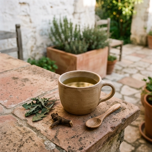 Taza de cerámica con infusión de hojas de diente de León sobre una mesa de piedra con hojas secas y raíz a su lado