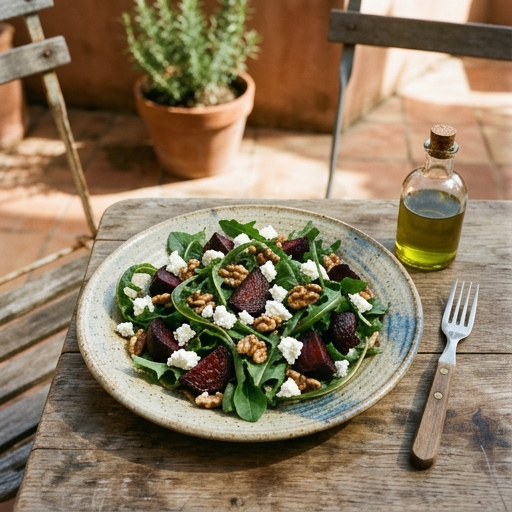 Ensalada con hojas tiernas de diente de León, remolacha asada y nueces en un plato de cerámica sobre mesa rústica