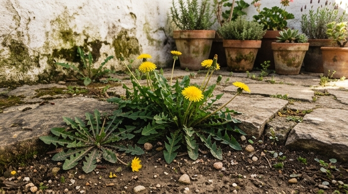Plantas de diente de león con flores amarillas y hojas dentadas creciendo junto a adoquines de piedra en un huerto casero español